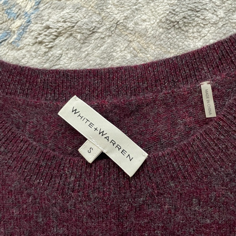 WHITE + WARREN Curved Rib Hem Crewneck Cashmere Sweater in Maroon/Purple/Magenta - Picture 10 of 10